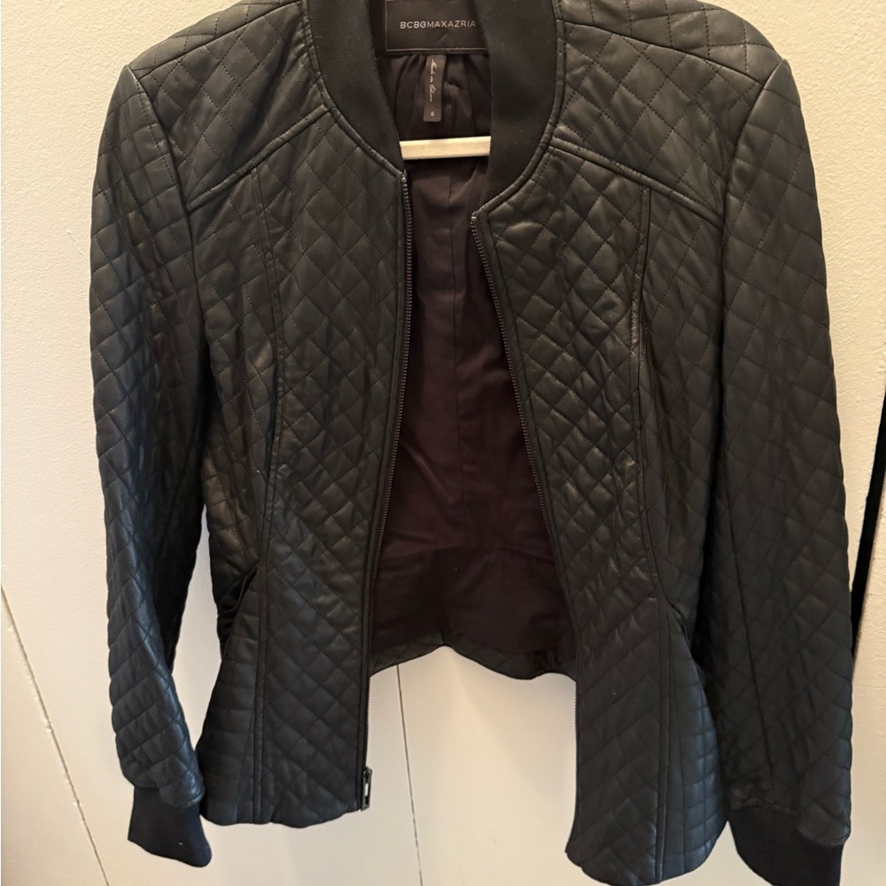 BCBGMaxAzria Black Quilted Bomber Peplum Jacket Size S